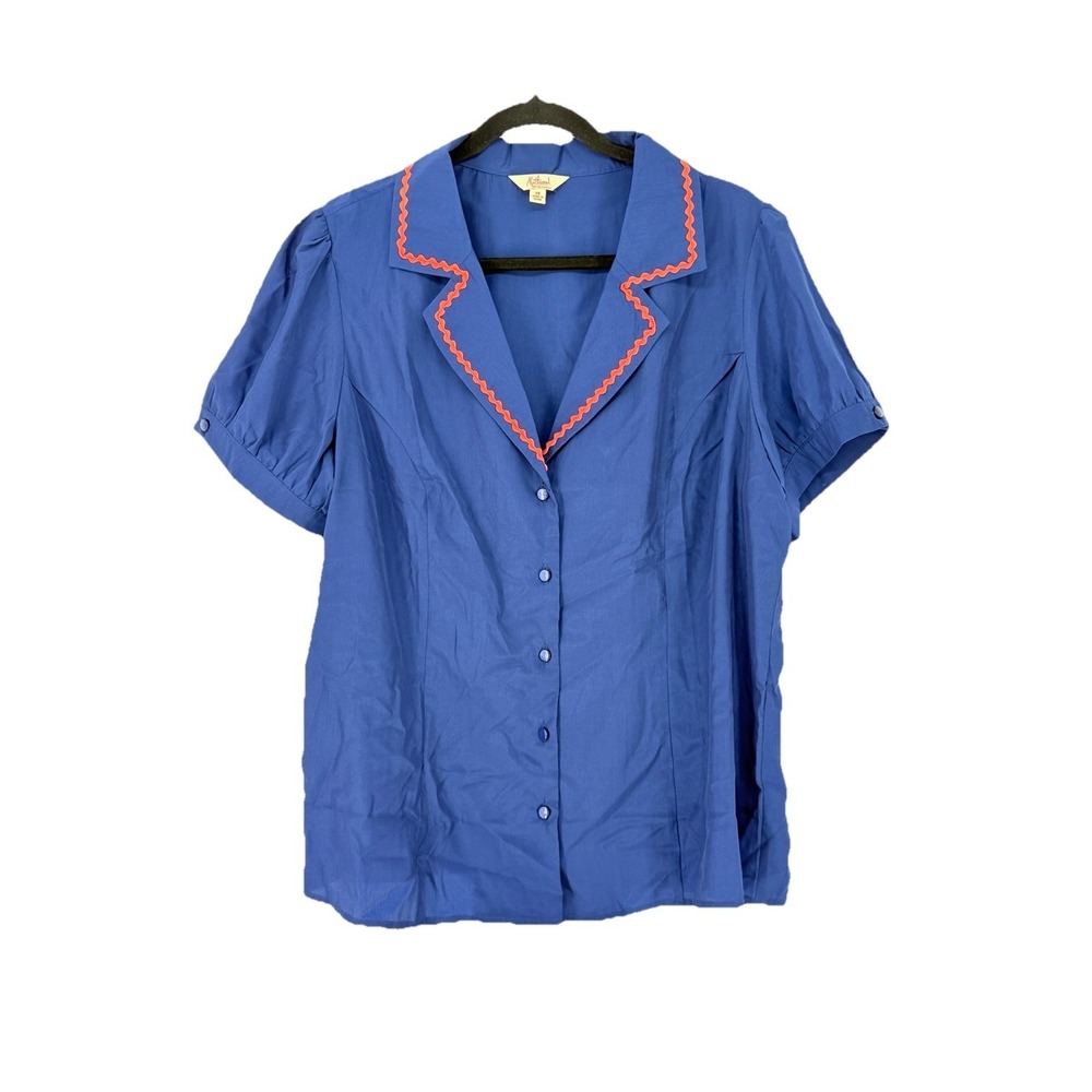 Myrtlewood of California New Blue Retro Puff Sleeve Top 1x Rickrack Button Up